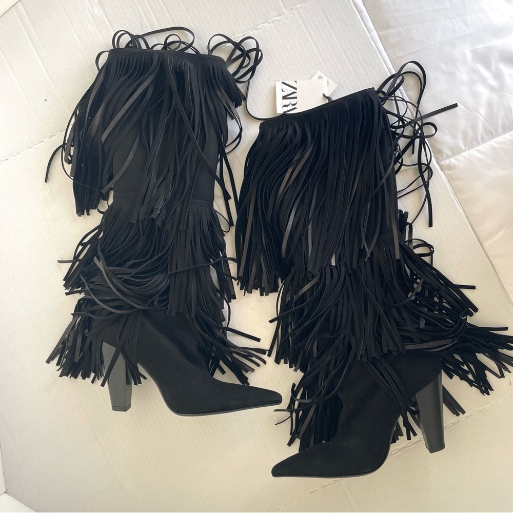 Zara Black Fringe Heeled Knee High Suede Boots Western Maximalism CoastalCowgirl - Picture 2 of 16
